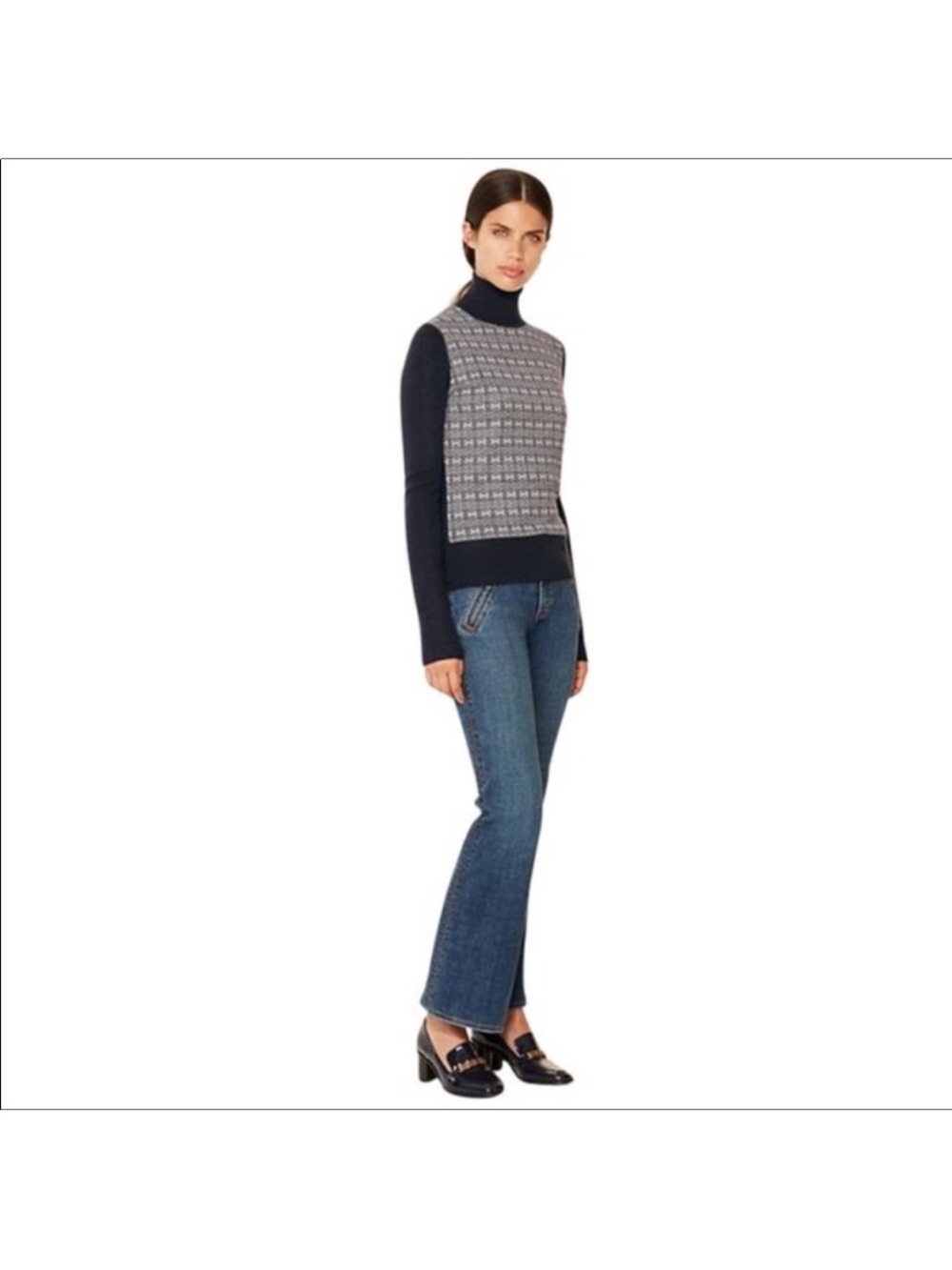 Tory Burch Navy and Cream Patterned Sweater Size Medium EUC